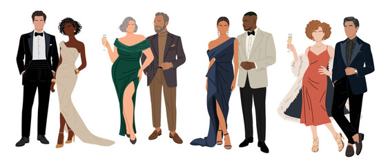 Fototapeta premium Set of diverse couples wearing elegant formal gowns and tuxedos for event, party, Christmas eve. Modern vector illustration isolated on transparent background