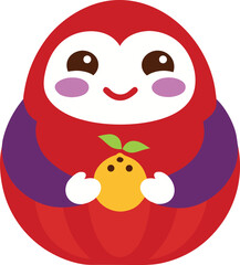 Fototapeta premium Happy red daruma-style character holding a small citrus fruit