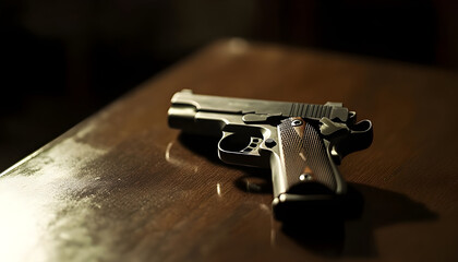 A close-up shot of a gun on a table, great for editorial or commercial use