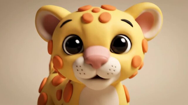 Adorable Claymation Leopard Cub Playfully Pouncing in a Bright Studio Setting.