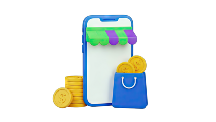 Online Shopping Concept: Smartphone, Coins, and Shopping Bag