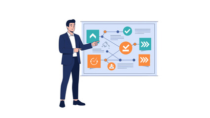 Fototapeta premium Businessman presenting data and analytics on a digital screen with charts and indicators for