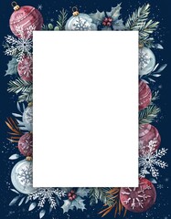 Elegant White Christmas Frame with Hanging Ornaments and Glowing Fairy Lights