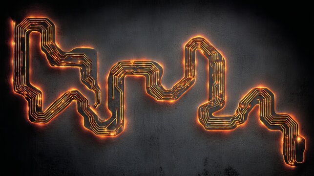 Glowing orange circuit board pathway against a dark textured background, representing digital connection and technology. - Powered by Adobe