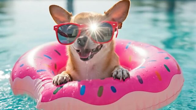 Cute Chihuahua dog wearing red sunglasses floats happily in pool