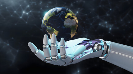 Fototapeta premium Robot hand holding planet earth global future