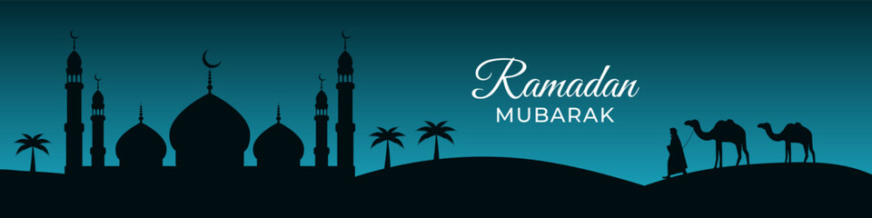 Horizontal vector banner with the text Ramadan Mubarak and silhouettes of a mosque and camels. Suitable for a website header.