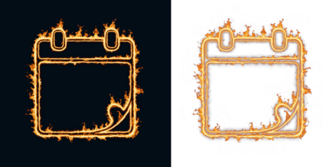 Calendar deadline icon burning with sparks, urgent schedule reminder symbol for project timeline alerts, appointment cancellations and last minute event notices in business communication