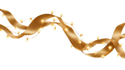 A beautiful golden ribbon adorned with glowing lights, perfect for festive decorations and celebrations, adding a magical touch to any event or setting. Ideal for holiday themes.