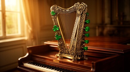 Ornate steampunk harp with green clover accents on grand piano in elegant room