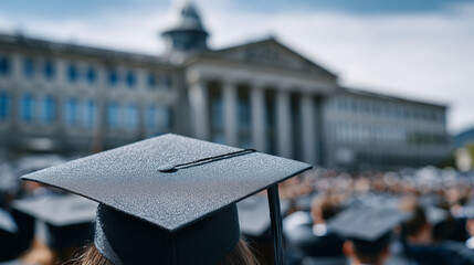 Close-up of multiple mortarboard caps during graduation, fabric textures sharp in foreground, blurred graduates and campus architecture in background