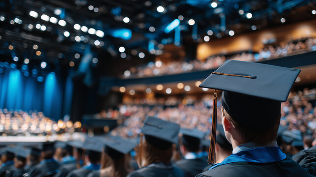 Cinematic graduation scene with students in academic dress, shallow focus highlighting caps and tassels, blurred audience and stage lights in background