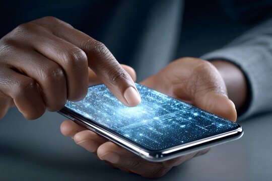 Hand touching smartphone screen interacting with digital data - Powered by Adobe