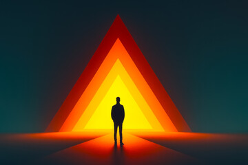 Digital surreal artwork. Silhouetted figure facing glowing concentric triangles in gradient light. Themes of mystery, introspection, innovation, and metaphysical exploration.
