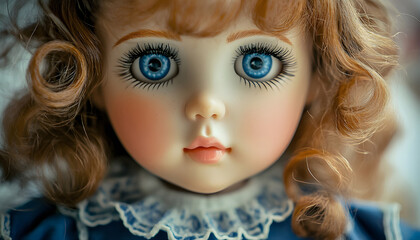 Close up photo of an exquisite retro doll featuring golden ringlets and captivating blue eyes. Adorned in a charming blue frock with a dainty white peter pan collar