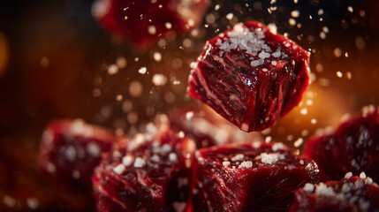 Fresh beef cubes captured in motion, salt sprinkling through the air, one cube frozen mid fall while others remain stacked neatly below, rich red tones emphasized with cinematic li
