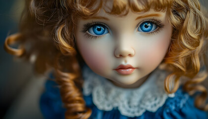 Close up photo of an exquisite retro doll featuring golden ringlets and captivating blue eyes. Adorned in a charming blue frock with a dainty white peter pan collar