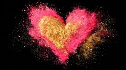 Heart shape formed by an explosion of crimson and gold metallic paint dust against a black background