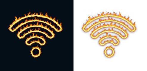 Connectivity wireless signal icon in flames for internet access status dashboards used in router setup screens and network outage alerts for service availability notices on isolated background