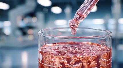 Focused research imagery of a nutrition lab test, clear chemical drop entering a pink liquid-filled beaker, delicate bubbles forming and expanding, professional laboratory environm