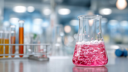 Close-up scientific reaction in a nutrition laboratory, transparent and pink liquids combining to form a bubbly solution, glass beaker illuminated from the side, clinical tools sof