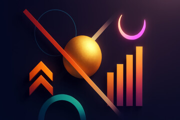 Digital abstract artwork. Golden sphere with intersecting lines and vibrant geometric shapes on dark background. Themes of growth, strategy, innovation, and futuristic data visualization.