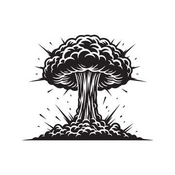 Nuclear explosion mushroom cloud vector silhouette illustration. Comic style atomic bomb blast with smoke and debris isolated on white.
