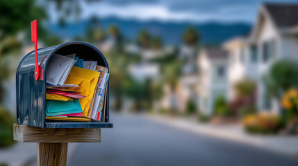 An overfilled suburban mailbox bursting with multicolored envelopes, some peeking out at angles, paper corners curling gently, shallow depth of field with a blurred residential bac
