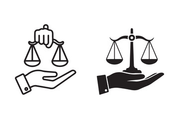 Justice scales in Hand black icon silhouette on white background