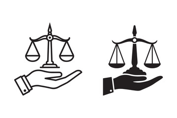 Justice scales in Hand black icon silhouette on white background