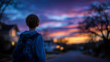 A lone childâs silhouette framed against a glowing sunset sky, backpack straps visible, tree-lined suburban road fading into the distance, capturing the simplicity and magic of chi