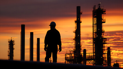 Silhouette of a worker in a hard hat standing in front of industrial infrastructure at sunset, conveying a sense of labor and energy sector operations.