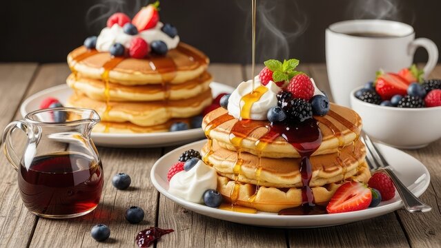 Delicious breakfast with fluffy pancakes, fresh berries, syrup, and coffee on wooden table - Powered by Adobe
