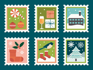 Obraz premium Festive holiday postage stamps depicting winter scenes and christmas decorations