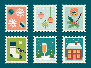 Festive holiday postage stamps featuring winter scenes and christmas ornaments