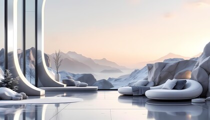 Modern luxury futuristic living room with large glass windows and panoramic view of snow-covered mountains at sunset