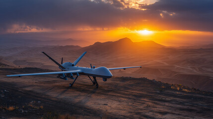 A grounded military drone framed against a dramatic sunset, parched earth stretching endlessly around it, warm light clashing with the droneâs industrial form, conveying power, sti