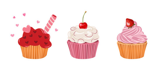 Vector illustration Set of a Valentine’s Day pastry topped with berry cream and heart accents. Cute flat design with soft colors and a romantic festive mood, ideal for greeting cards © Oleh