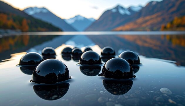 Black spheres floating on a calm lake, mountains reflecting, vibrant autumn foliage and rocks present