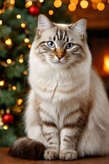 Fototapeta premium Cat sitting by christmas tree and fireplace