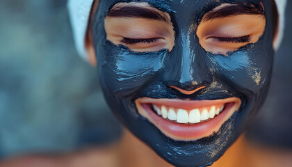 Close up of a young woman's face covered in a black clay mask, relaxing during a beauty treatment at a spa. She is smiling and happy