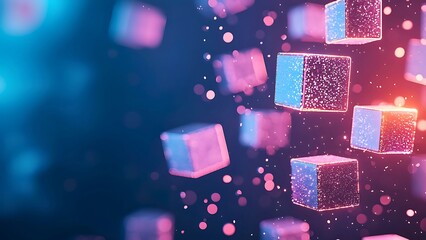 Abstract 3D rendering of floating cubes with glowing, multi-colored details, offering a modern and futuristic design