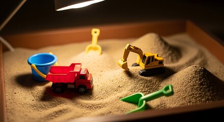 Miniature construction site with toys in a sandbox under warm light