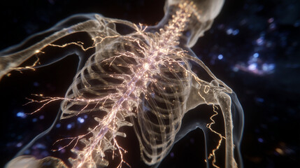 Full-body visualization of skeleton and nervous system, nerves branching from spinal cord across limbs, bones textured with subtle shading, artistic lighting emphasizing structure