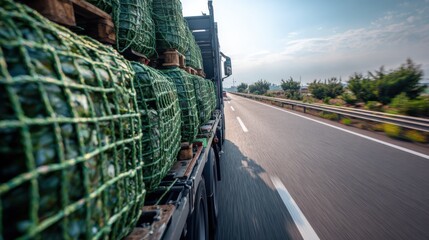 Medium shot of a vehicle traveling on a highway cargo tightly held by green biobased nets showcasing sustainable load security during transit under clear weather.
