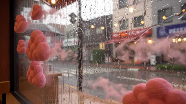 Rainy Day: Pink Cloud Decorations on a Store Window