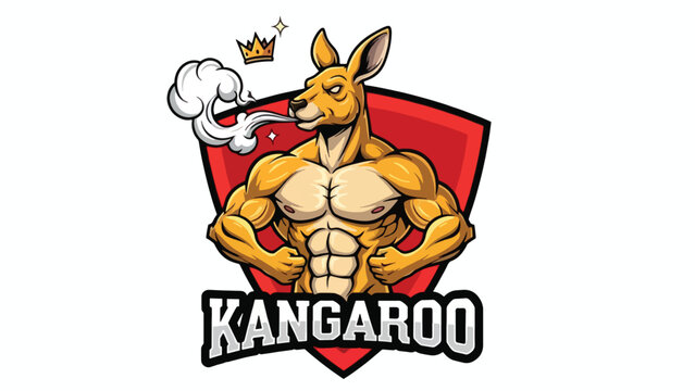 Muscular kangaroo king mascot flexing with a crown and exhaling smoke