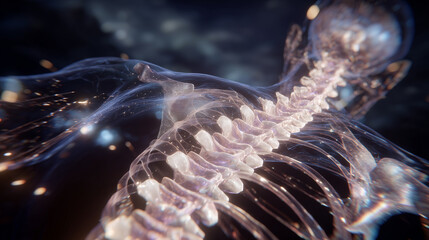 Transparent anatomical view of spine, vertebrae stacked naturally, discs and spinal cord partially visible, soft lighting accentuating the intricate skeletal structure