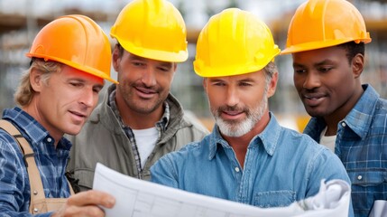 Construction workers team planning blueprint for building project