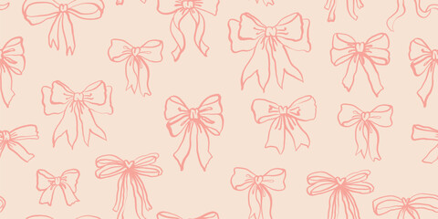 Seamless pattern with hand-drawn coquette pink bows and ribbons. Perfect for fabric, wallpapers and gift designs